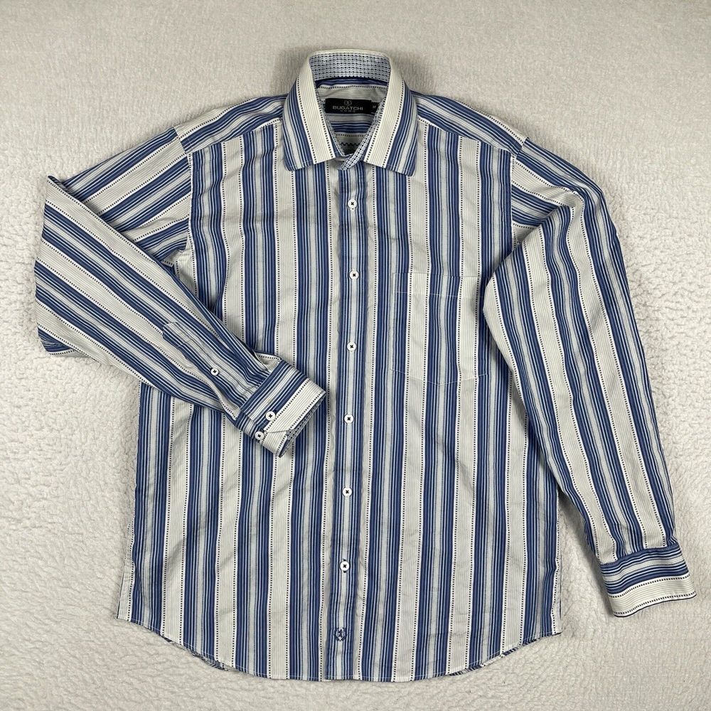 Bugatchi Uomo Shirt Mens Medium Blue White Striped Preppy Casual Party Office